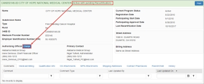 screen shot of active entity pending recertification