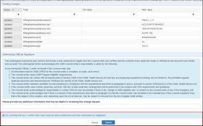 screen shot of the attestation portion of the CE Change Requst summary page
