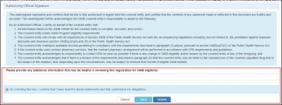 screen shot of "Authorizing Official Signature" area of the registration summary page for self-attestation