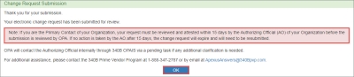 screen shot of Change Request Submission confirmation message