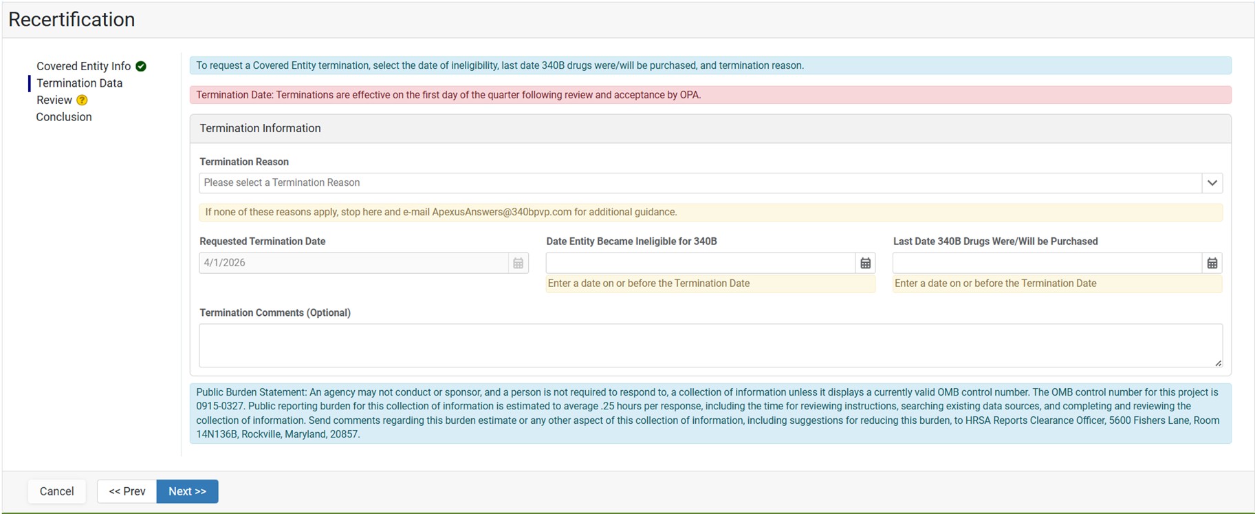 Termination data page Termination data page
