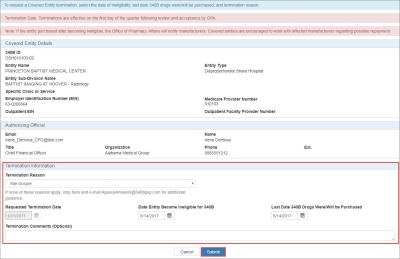 screen shot of Covered Entity Termination page