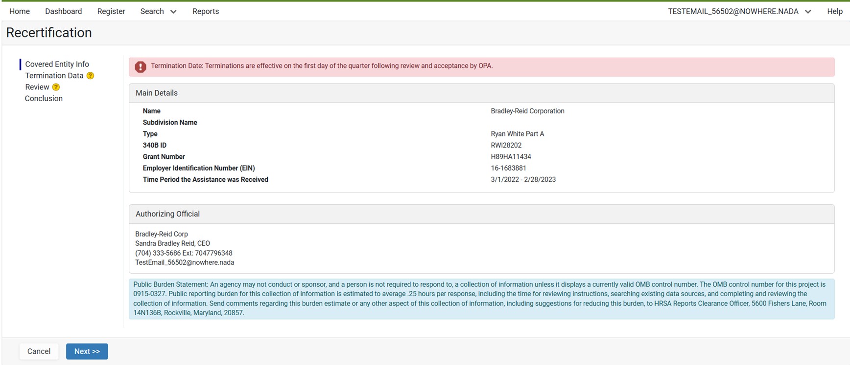 Covered Entity Termination during Recertification page screen shot of Covered Entity Termination during Recertification page