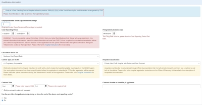 screen shot of Hospital registration Qualification Information for Free Standing Cancer Hospital