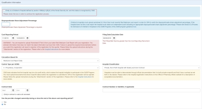 screen shot of Hospital registration Qualification Information for CHildren's Hospital