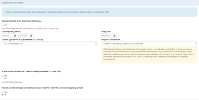 screen shot of hospital registration Qualification Information for Rural Referral Center