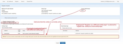 screent shot of Register Hospital page for an active hospital, showing selection of "Register as different entity type"