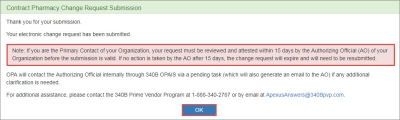 The Contract Pharmacy Representative Change Submission confirmation page is displayed. Click the OK button to return to your Landing Page.
