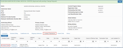 screen shot of selecting a Contract Pharmacy for editing from the CE Details page