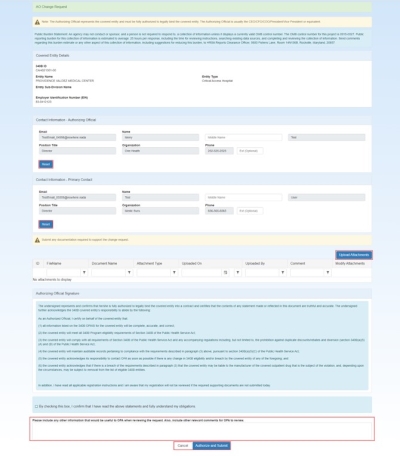 screen shot of AO Change page and attestation