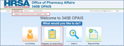screen shot of Covered Entity Registration selection from the 340B OPAIS home page