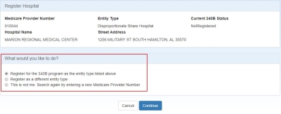 screent shot of Register Hospital page, showing the hospital name, street address, entity type, and current 340B status