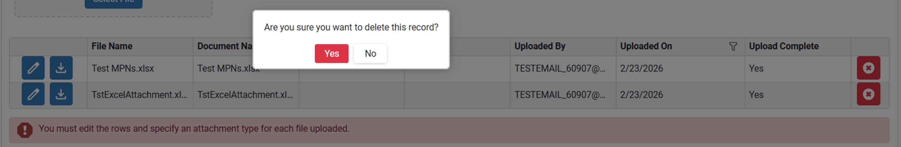 Delete Record pop up Delete Record pop up