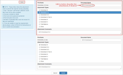 screen shot of Attachments Upload Selection page with worksheets to be uploaded