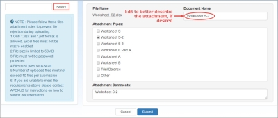 screen shot of Attachments Upload Selection page with worksheets to be uploaded