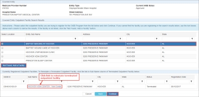 screen shot of Covered Entity Outpatient Facility Search Results page
