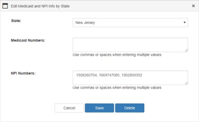 Recertification Edit Medicaid and NPI Info by State popup window