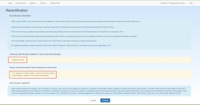 Recertification Information Page Showing Required Updates