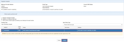Register Hospital New Entity Type with new type selected