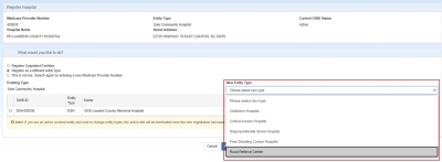 Register Hospital as New Entity Type showing selection choices