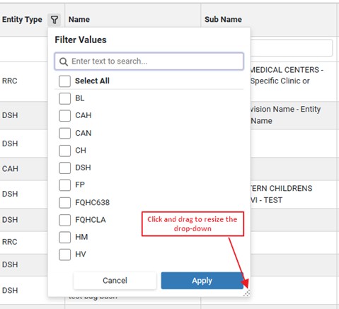 Resize the drop-down menu
