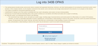 screen shot of 340B OPAIS login page displaying the standard HHS System Use Notification (Warning Banner)