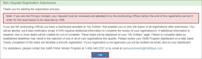 The Non-Hospital Registration Submission confirmation page is displayed. Click the OK button to complete the attestation.