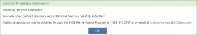 The Contract Registration Submission confirmation page is displayed. Click the OK button to return to your Landing Page.