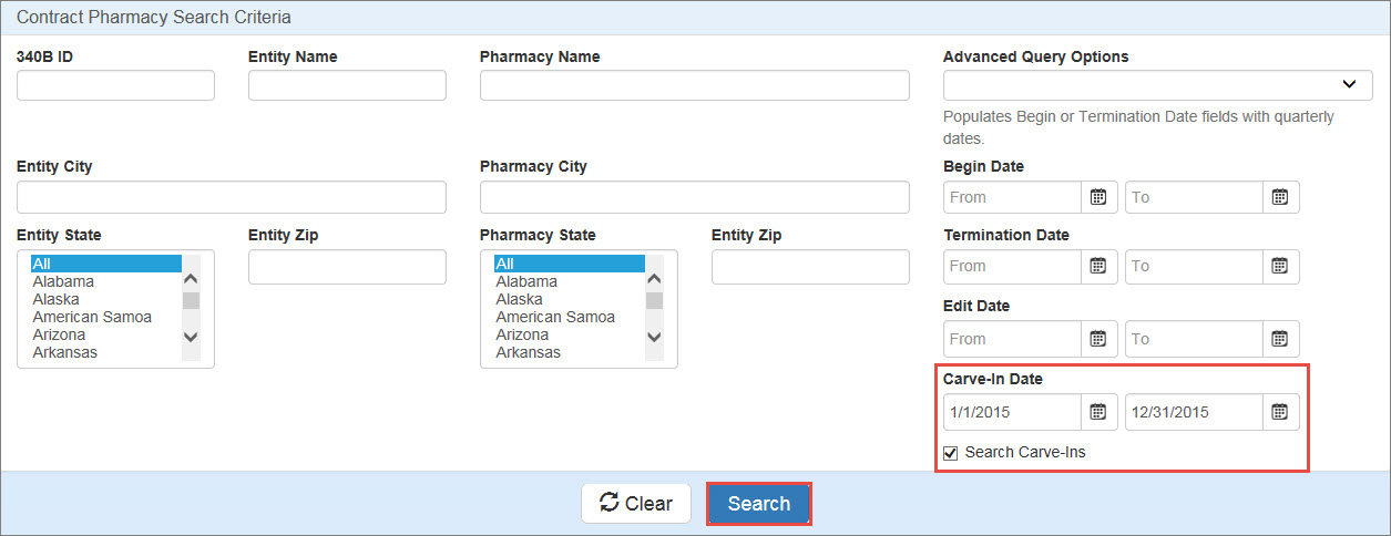 Search Criteria page for Contract Pharmacy Carve-ins Search Criteria page for Contract Pharmacy Carve-ins