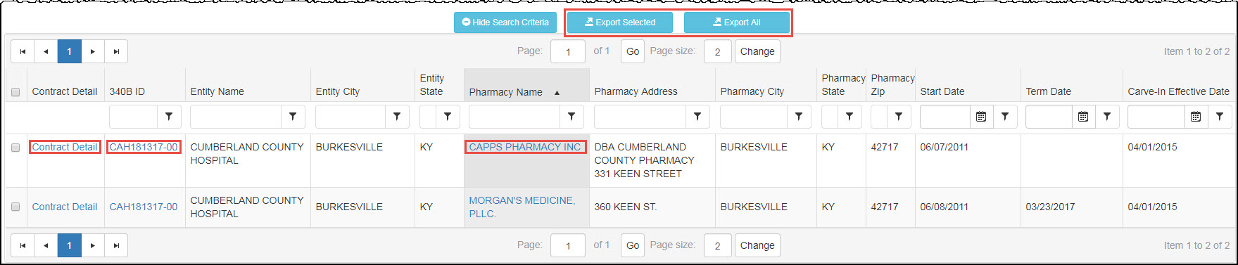 Search results page for Contract Pharmacy Carve-ins screen shot of search results page for Contract Pharmacy Carve-ins