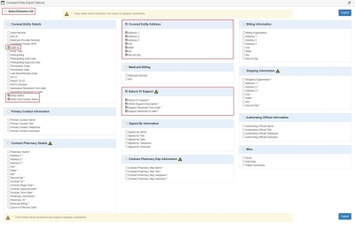 screen shot of Participant Covered Entity search export field picker page showing fields selected for export