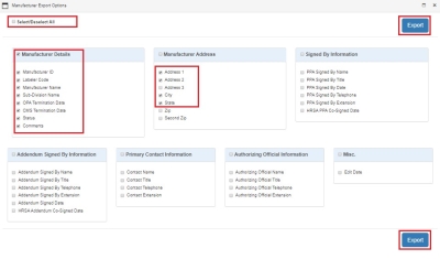 illustration of Manufacturer Export Options. Sections are highlighted to show selection of data to be exported.