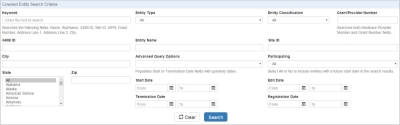 Screen shot of Covered Entity Search Criteria