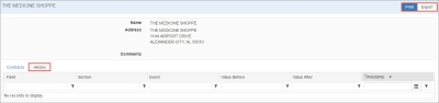 screen shot of the Pharmacy Details "History" tab