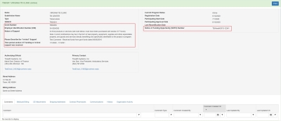 screen shot of CE Details page showing Grant Number and Nature of Support information for a TB non-hospital