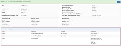 Covered Entity Details page highlighting the Requested Changes section of the page