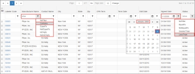 screen shot of date filtering example - Active Pfizer labeler codes with a start date before 2005