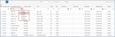 Screen shot of text filtering example - Manufacturer Name contains &quot;Pfizer&quot;