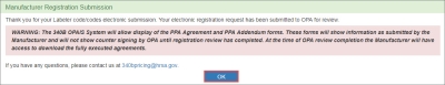 screen shot of Manufacturer Registration Submission confirmation message