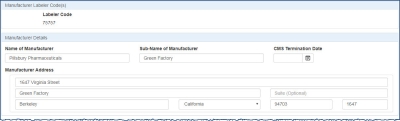 screen shot of manufacturer address information for a change request