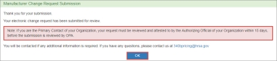 screen shot of Manufacture Change Request Resubmission confirmation