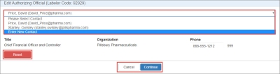 screen shot of the contact information edit window for a manufacturer change request