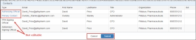 screen shot of the contact information section for a manufacturer change request
