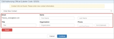 screen shot of the contact not found window for a manufacturer change request
