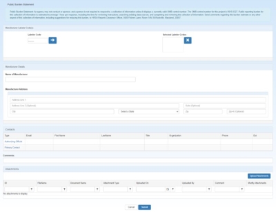 screent shot of Manufacturer Registration page