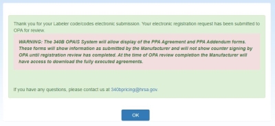 Manufacturer Registration PC Submission Confirmation