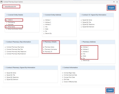 illustration of Contract Pharmacy Export Field Picker. Sections are highlighted to show selection of data to be exported.