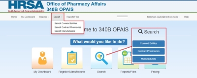 Manufacturer Home page showing Search choices