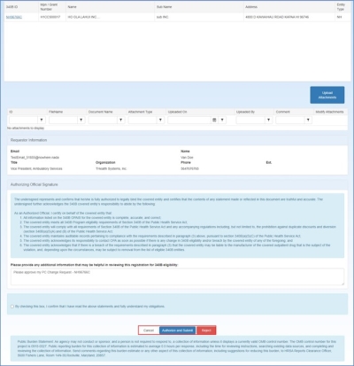 Primary Contact Change Request Attestation Authorize and Submit