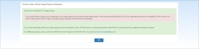 Primary Contact Change Request Submission confirmation page
